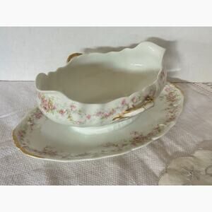 Antique Haviland Gravy Boat Attached Underplate Limoges Pink Schleiger #159A